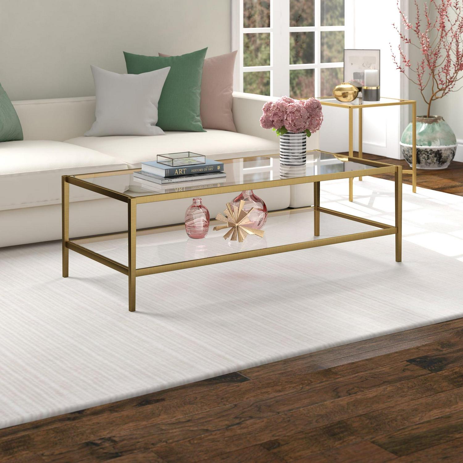 Evelyn&Zoe Hera 54" Wide Rectangular Coffee Table with Glass Shelf, Antique Brass - Image 2