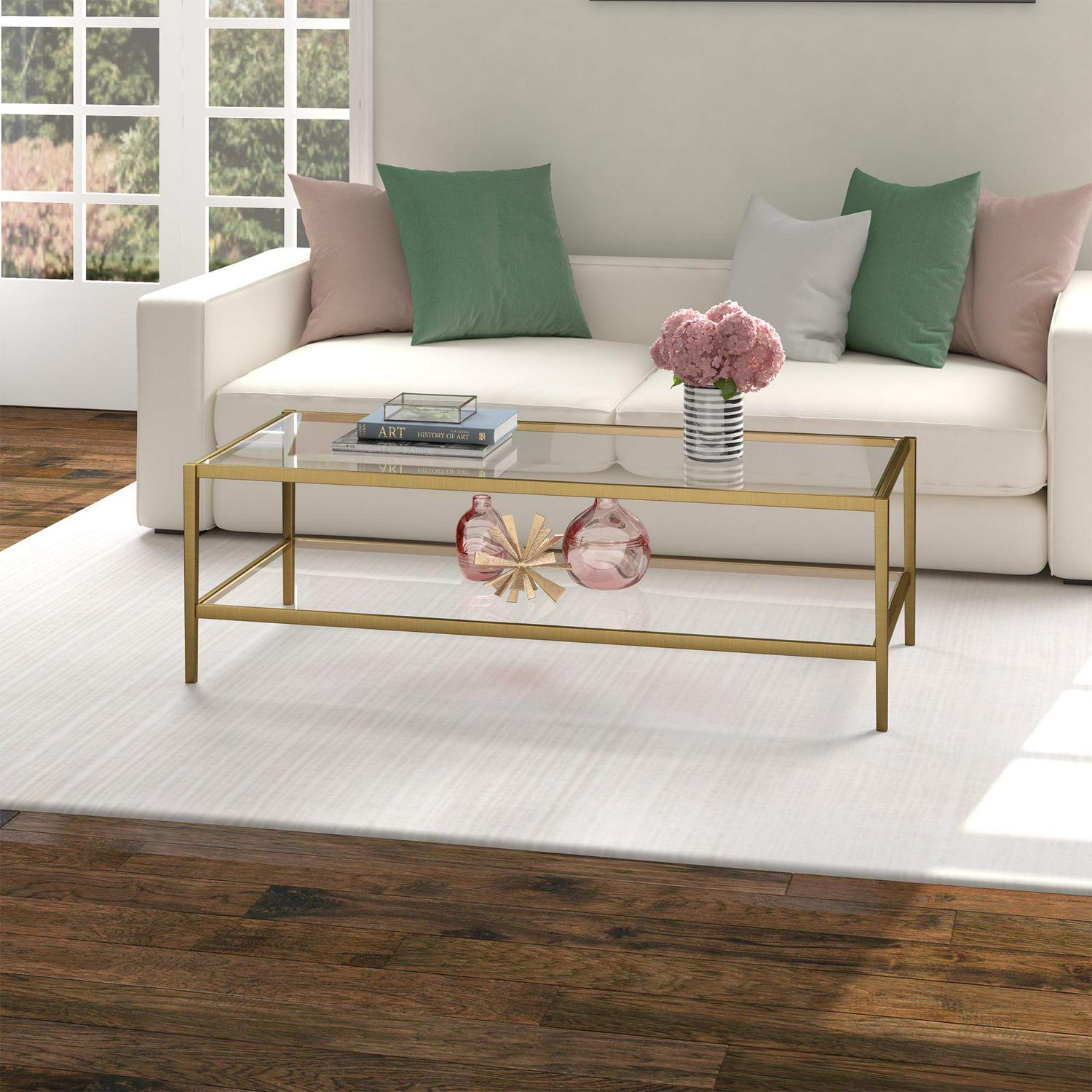 Evelyn&Zoe Hera 54" Wide Rectangular Coffee Table with Glass Shelf, Antique Brass - Image 3