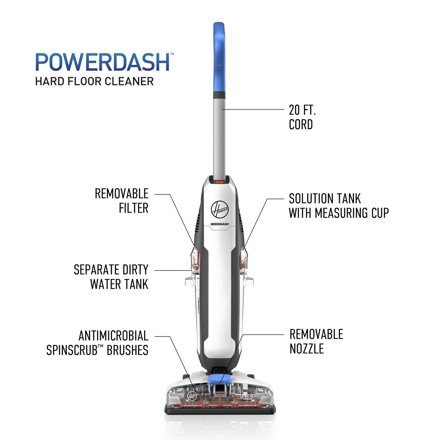Hoover PowerDash Corded Hard Floor Cleaner, for Sealed Hard Floors, Fast Drying, Antimicrobial Brushes, Compact, Lightweight, FH41010 - Image 3