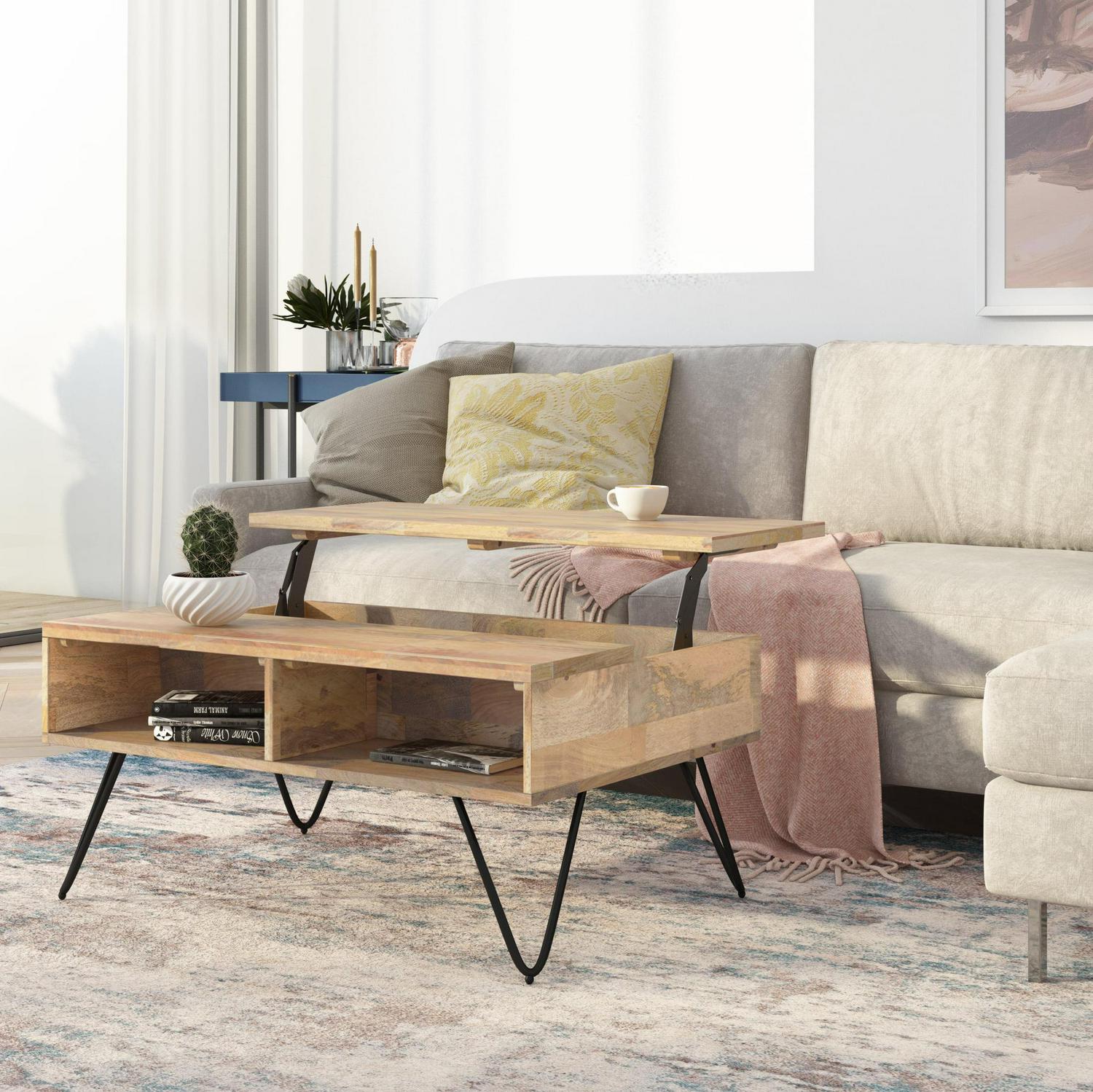 Simpli Home Hunter SOLID MANGO WOOD and Metal 36 inch Wide Rectangle Industrial Small Lift Top Coffee Table in Natural - Image 2