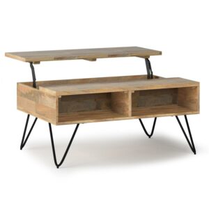 Simpli Home Hunter SOLID MANGO WOOD and Metal 36 inch Wide Rectangle Industrial Small Lift Top Coffee Table in Natural