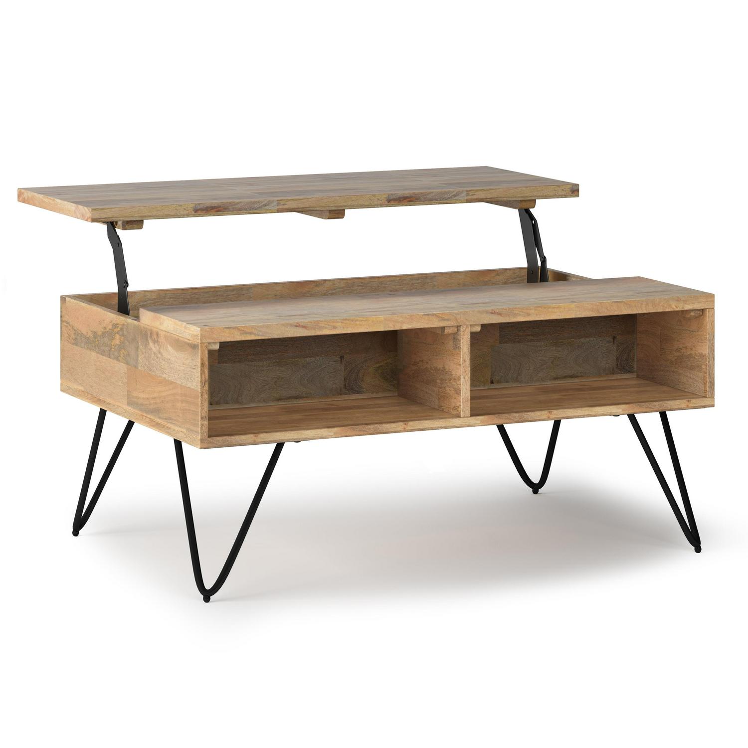 Simpli Home Hunter SOLID MANGO WOOD and Metal 36 inch Wide Rectangle Industrial Small Lift Top Coffee Table in Natural