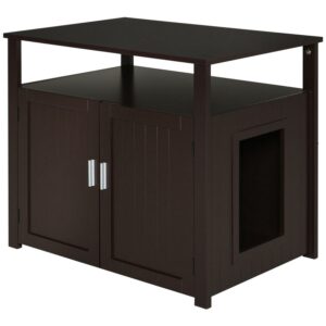Pawhut Wooden Cat Litter Box Enclosure Furniture with Adjustable Interior Wall & Large Tabletop for Nightstand, Brown
