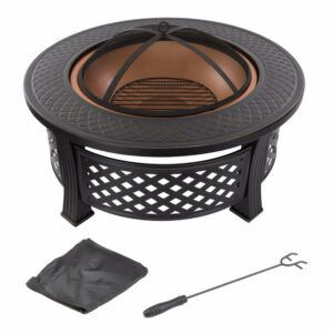 Pure Garden Outdoor Fire Pit – 32” Round Wood Burning Pit with Spark Screen, Poker & Cover, Bronze