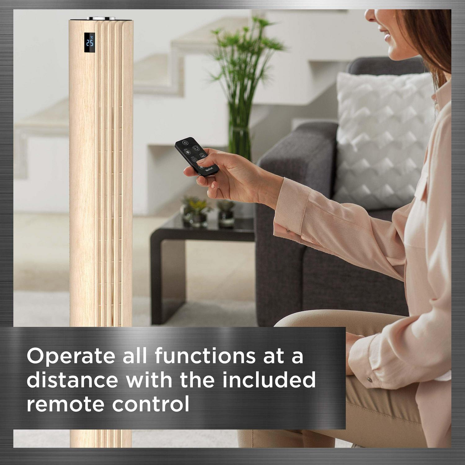 Rowenta Urban Cool Silent Tower Fan with Remote, Oscillating, 3 Speeds, Black & Wood, VU6770 - Image 4