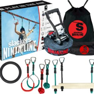 Slackers 36 foot Ninjaline Kit with 7 Hanging Obstacles, The Ultimate Backyard Adventure Course and Customizable Jungle Gym!