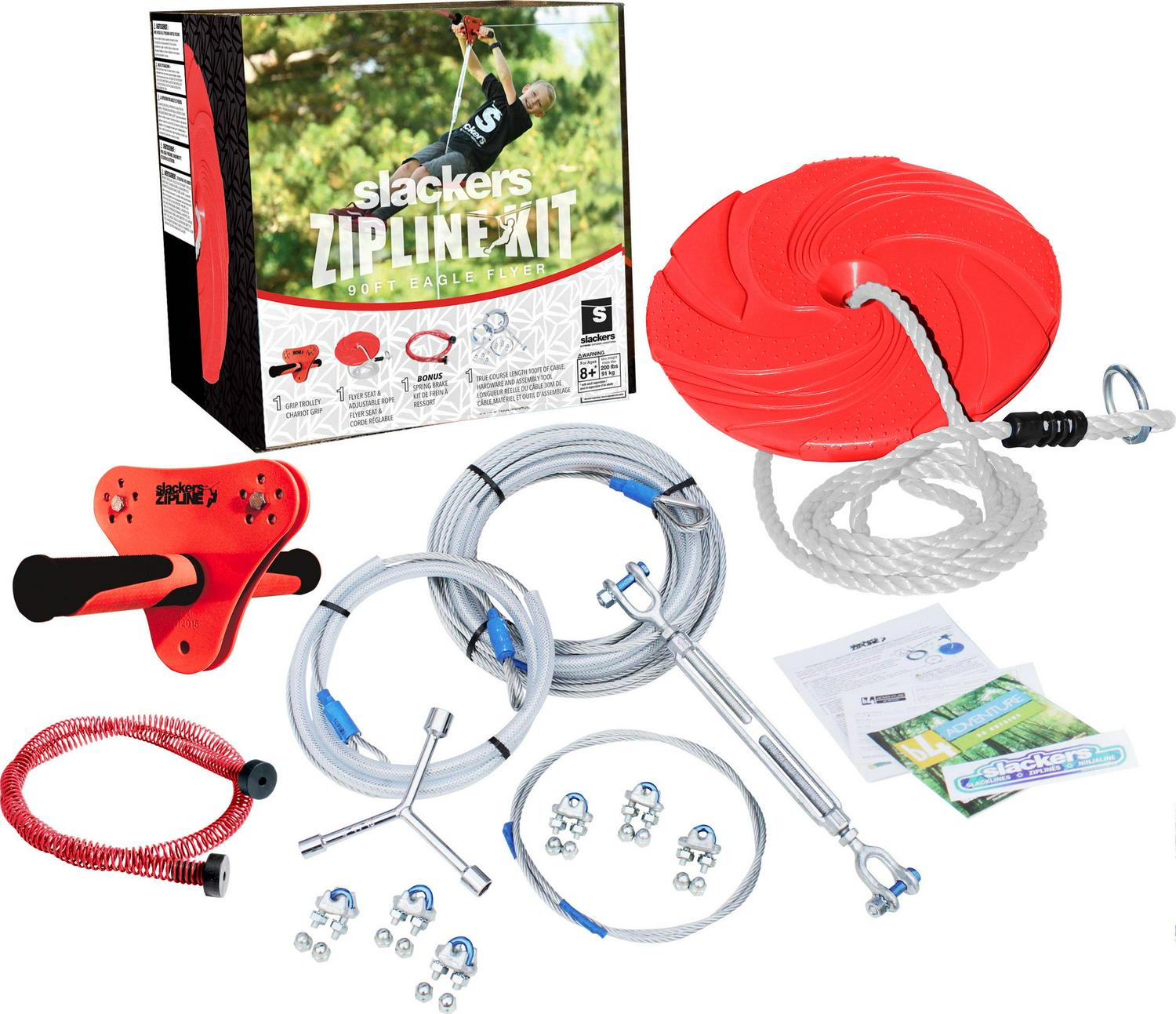 Slackers 90' Zipline Kit with Seat and Bonus Spring Brake System Including Premium Zipline Safety Features