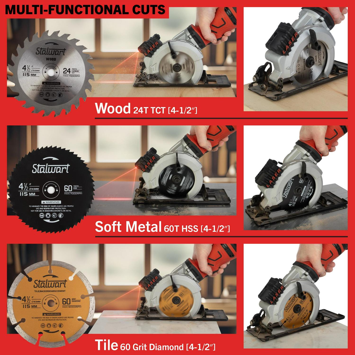 Stalwart 5.8 Amp 4-1/2 Inch Mini Circular Saw with 6 Blades and Laser Guide - Image 5