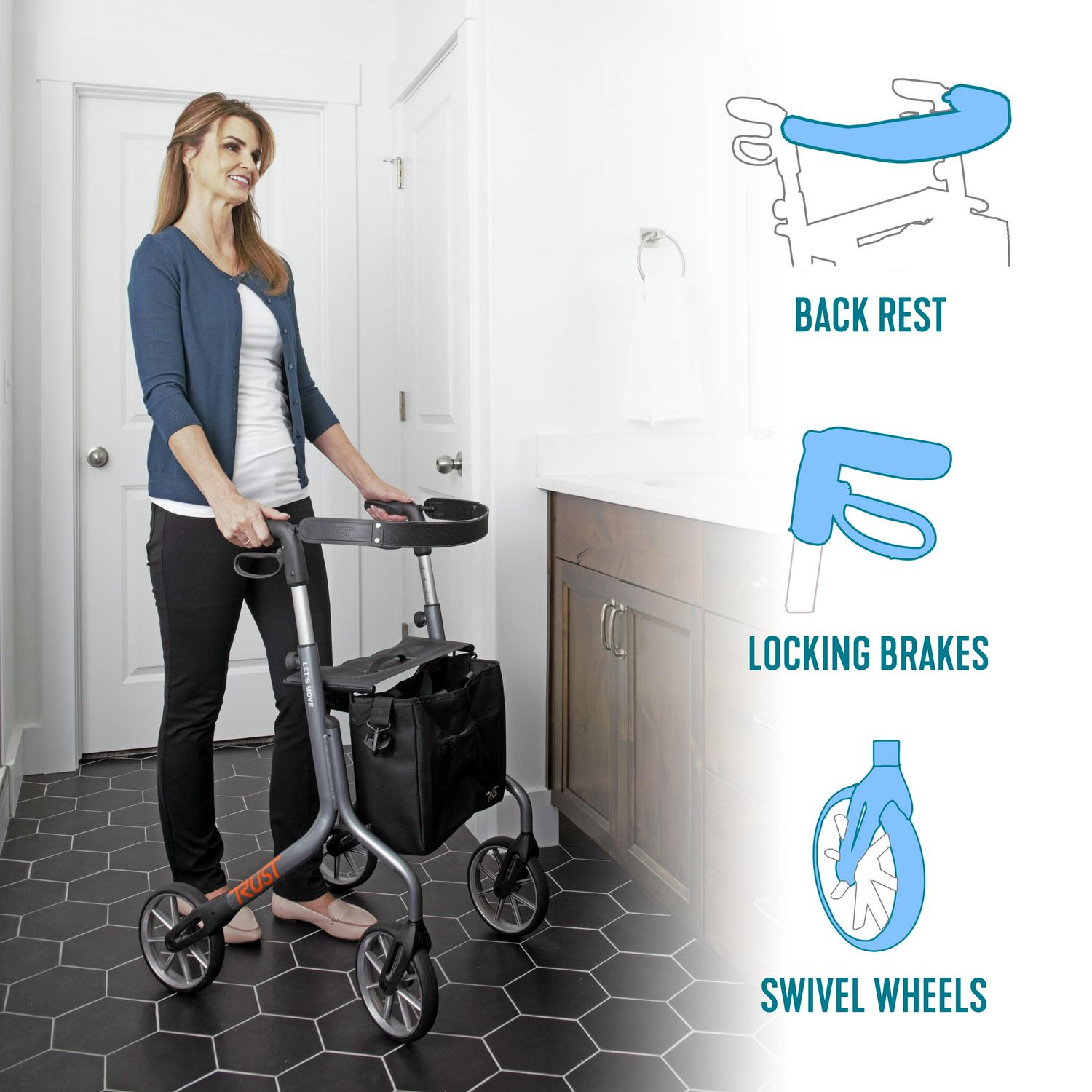 Stander Let's Move Rollator, Lightweight Four Wheel Walker with Seat, Gray - Image 6