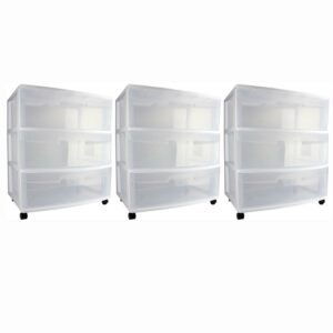 Sterilite At Home 3 Drawer Wide Storage Cart Container with Casters, 3 Pack