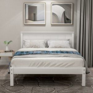 Wood Twin Bed Frame, BTMWAY Twin Platform Bed Frame with Headboard, Modern Twin Size Platform Bed with Under Bed Storage, Twin Platform Bed for Bedroom, Dorm, Guest Room, White, R601